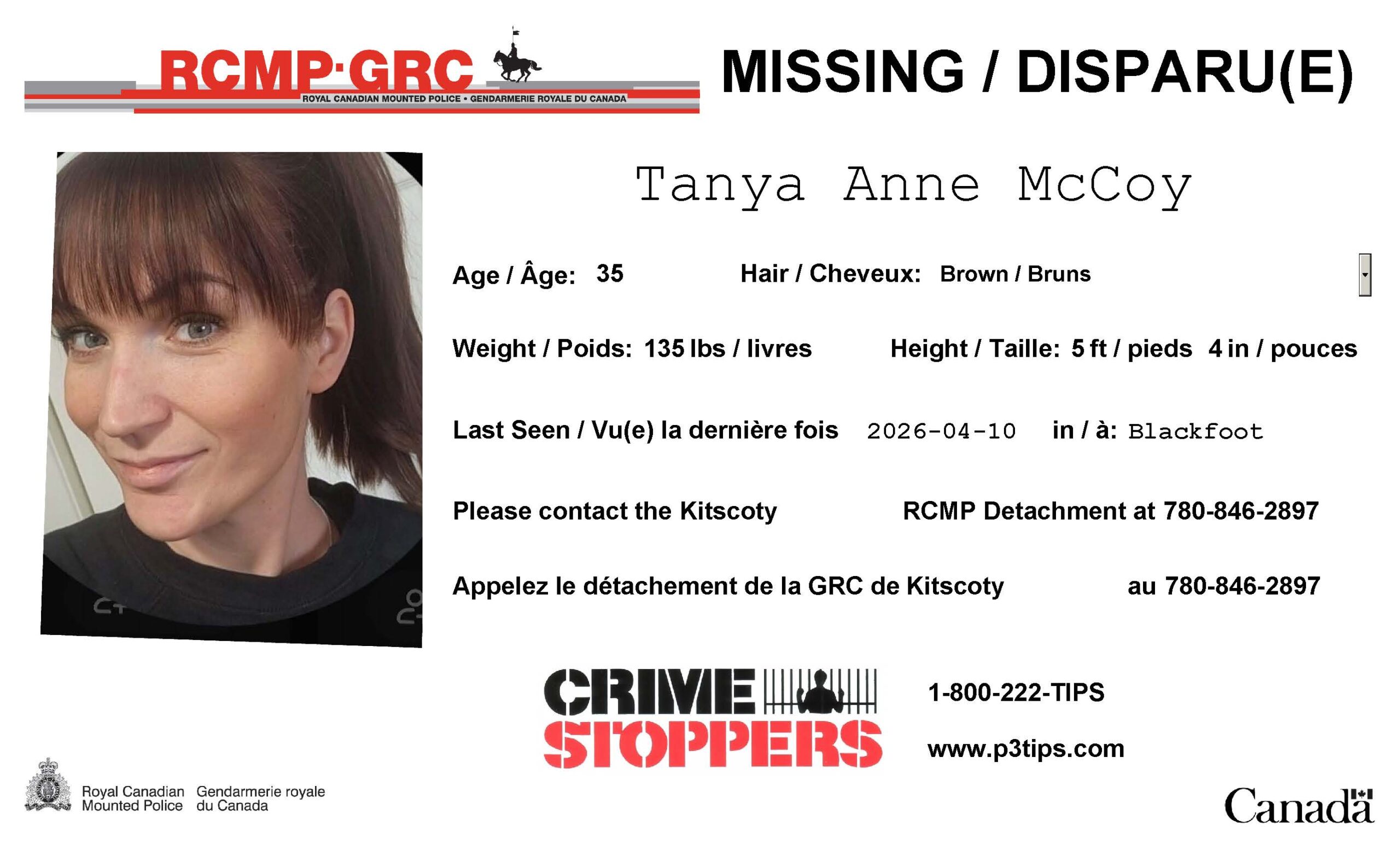 Located - RCMP "Concerned" about missing Lloydminster woman 1 Missing Poster Tanya Anne McCoy scaled