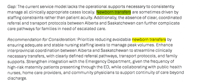 Screenshot of the maternity and newborn care section of the Lloydminster Health Service Needs Assessment showing the identified gap — that newborn transfers are sometimes driven by staffing constraints rather than patient acuity — and the recommendation to prioritize reducing avoidable newborn transfers.