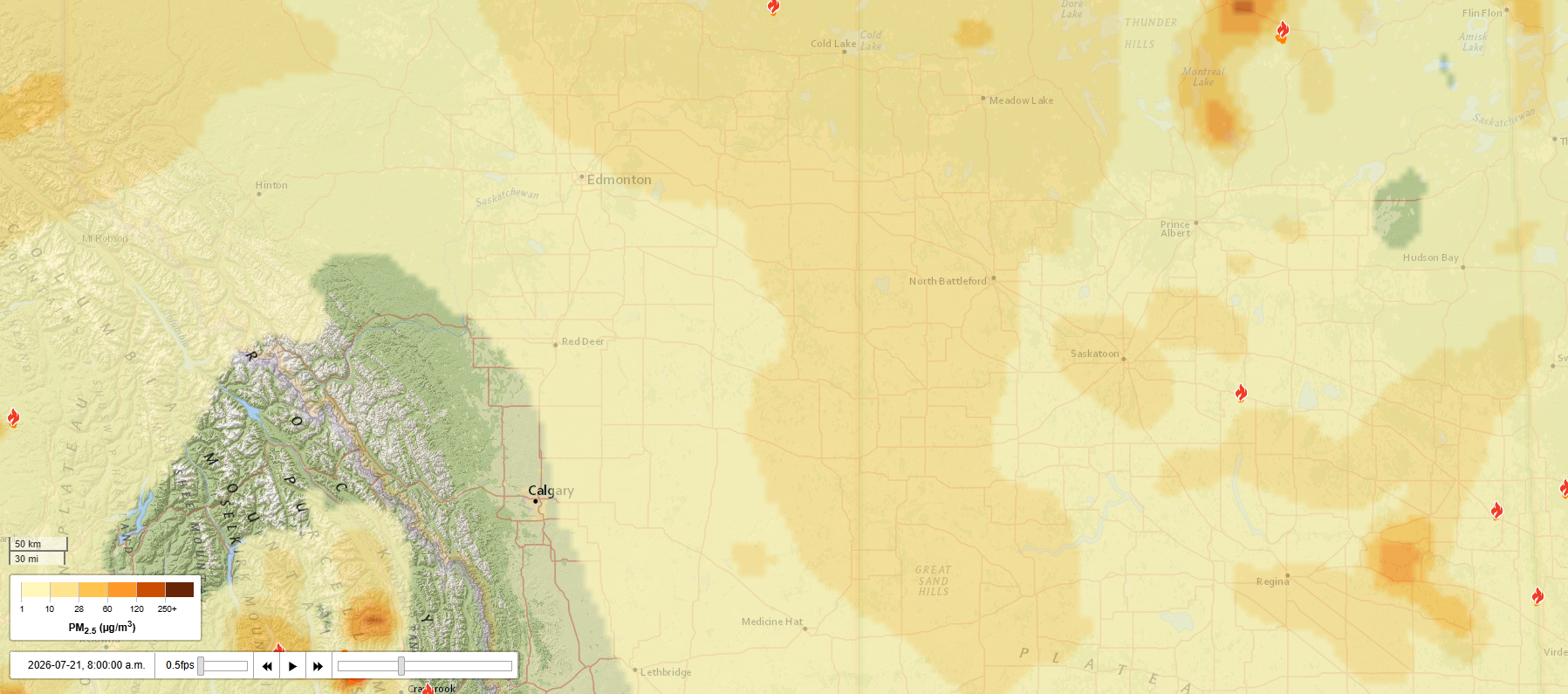 A Firesmoke.ca screenshot of the conditions in and around the border region