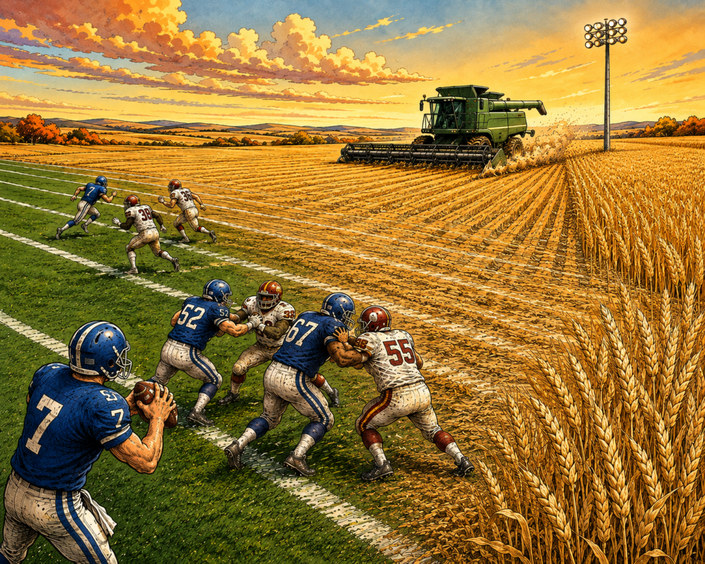 A Combine meets Football Players on a combined field.