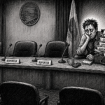 A Editorial Cartoon featuring a lone reporter at a city council meeting