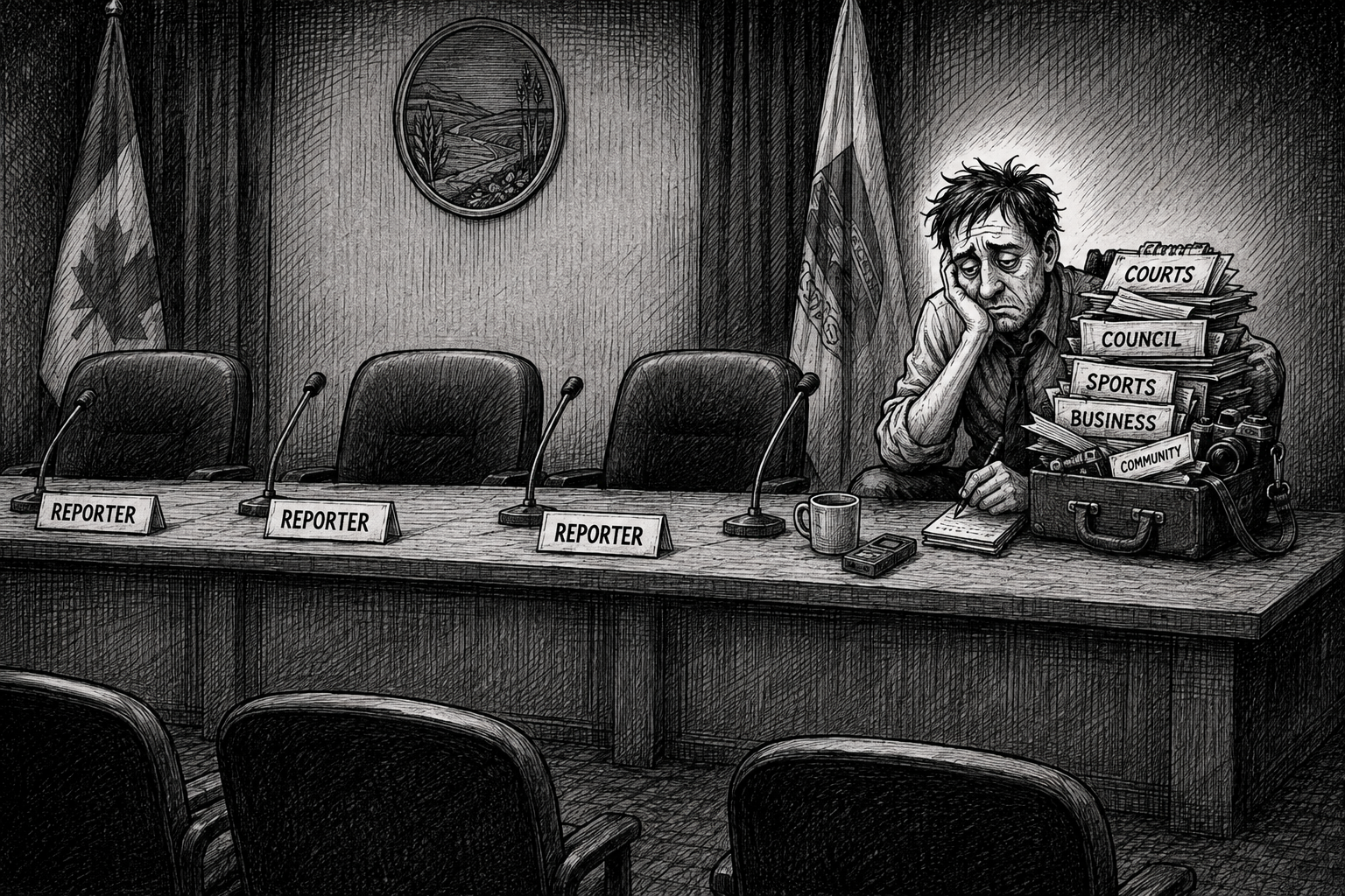 Column: Local accountability is shrinking 1 A Editorial Cartoon featuring a lone reporter at a city council meeting