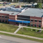 An aerial photo of the RCMP building in Lloydminster