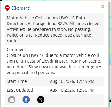 UPDATE -Highway 16 CLOSED due to collision east of Lloydminster 2 collision