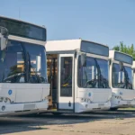 A row of white city busses on concrete