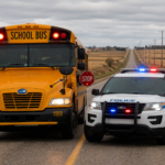 An RCMP vehicle and school bus on country road