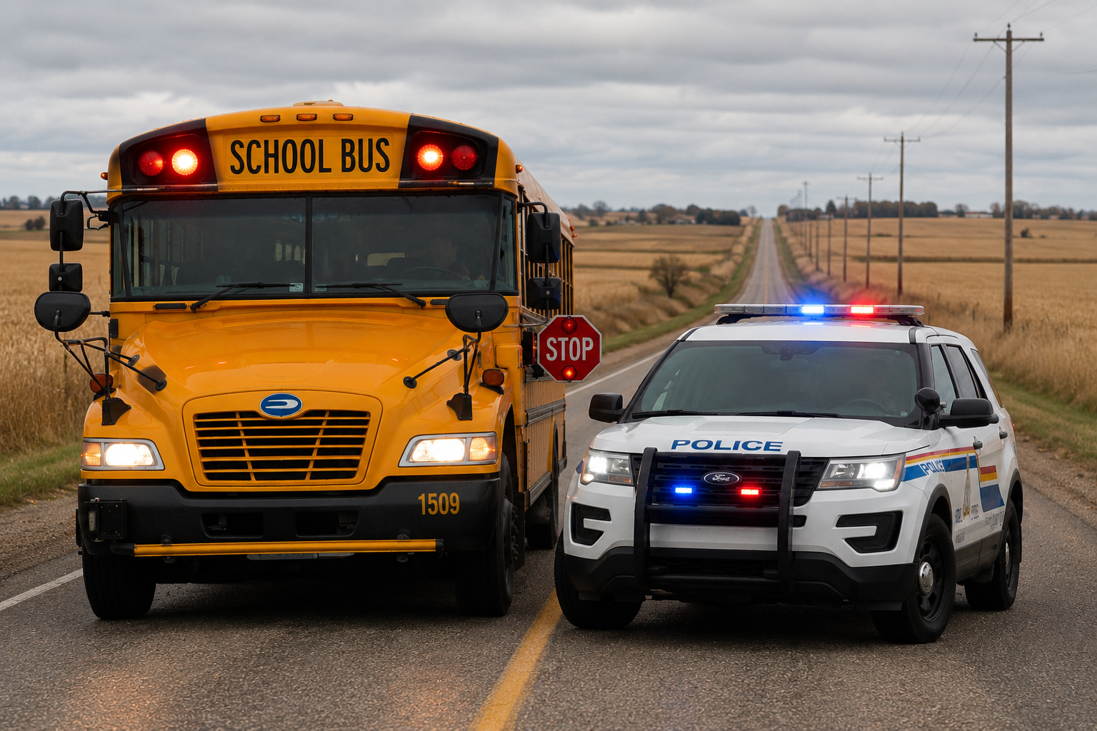 An RCMP vehicle and school bus on country road
