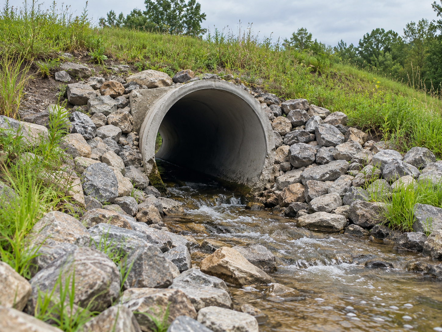 Rocky Culvert Stream in a Grassy Embankment